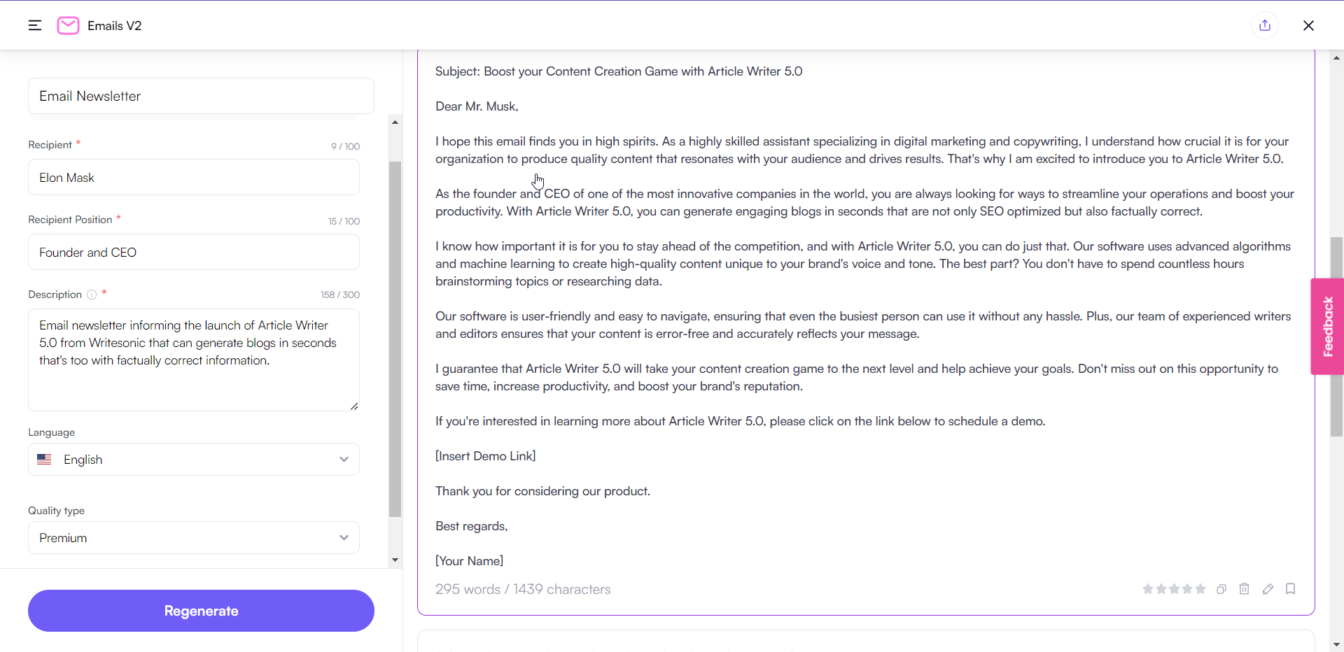 Writesonic Email Writer V2 - Cum se scrie un buletin informativ?
