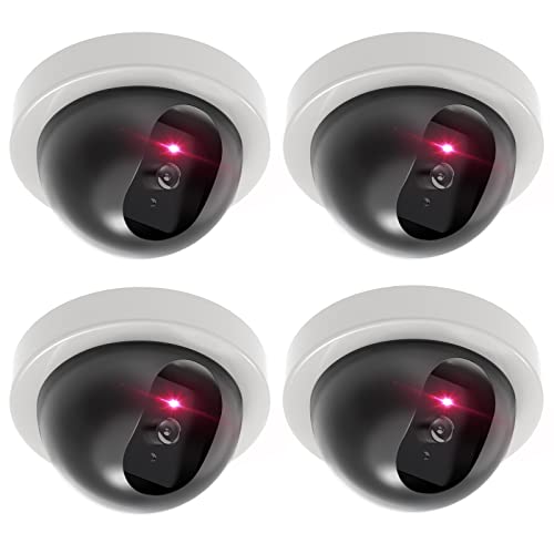 WALI Dummy Fake Security CCTV Dome Camera مع ضوء LED أحمر وامض مع ملصقات تنبيه الأمان (SDW-4) ، 4 حزم ، أبيض