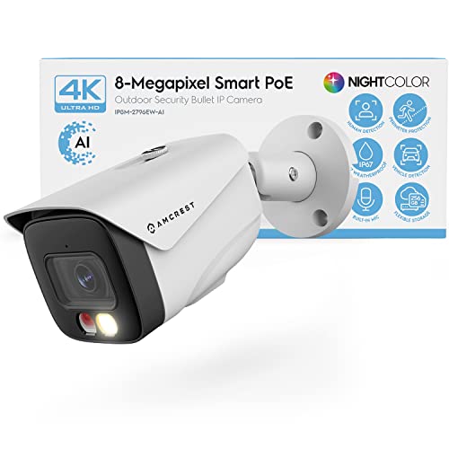 Amcrest UltraHD 4K (8MP) IP PoE AI Cameră, FOV 129°, 49ft Color Nightvision, Security Outdoor Bullet Camera, Detectare oameni și vehicule, Discurare activă, 4K @15fps, IP8M-2796EW-AI (Alb)