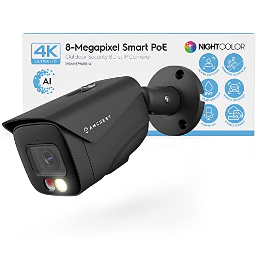 Amcrest UltraHD 4K (8MP) IP PoE AI Cameră, FOV 129°, 49ft Color Night Vision, Security Outdoor Bullet Camera, Detectare oameni și vehicule, Discurare activă, 4K @15fps, IP8M-2796EB-AI (Negru)