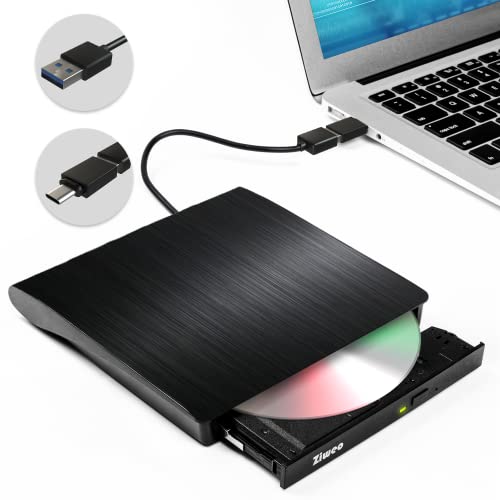 外置 DVD 驱动器 USB 3.0 Type-C CD 刻录机便携式 CD DVD +/-RW 驱动器 DVD 播放器适用于笔记本电脑 CD ROM 重写器刻录机兼容笔记本电脑台式电脑 Windows MacBook Mac Linux Mac OS