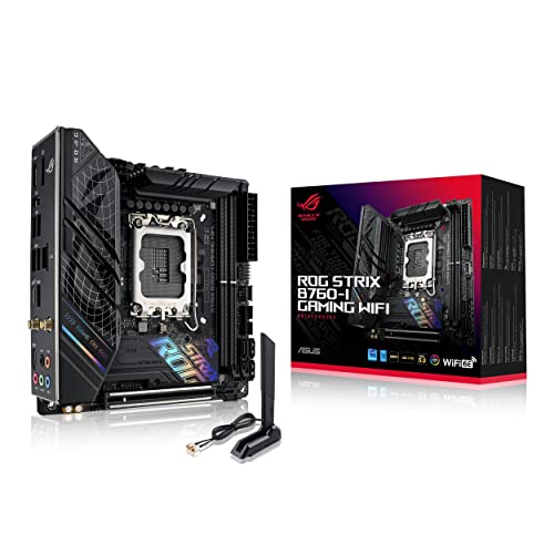 ASUS ROG Strix B760-I Gaming WiFi Intel B760(รุ่นที่ 13 และ 12)เมนบอร์ด LGA 1700 mini-ITX,8 + 1 power stages,DDR5 สูงสุด 7600 MT/s, PCIe 5.0,2xM.2 สล็อต,WiFi 6E,USB 3.2 Gen 2x2 Type-C, Aura Sync RGB