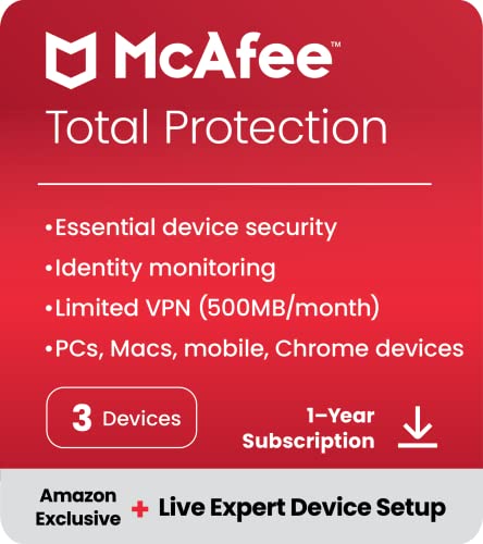 McAfee Total Protection 2023 + إعداد جهاز جديد | حصريًا في أمازون | 3 جهاز | برنامج مكافحة الفيروسات لأمن الإنترنت | VPN ، مدير كلمات المرور ، مراقبة الويب المظلم | اشتراك لمدة عام | كود التحميل