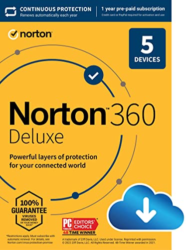 Norton 360 Deluxe 2023 ، برنامج مكافحة فيروسات لـ 5 أجهزة مع التجديد التلقائي - يشمل VPN والنسخ الاحتياطي لسحابة الكمبيوتر ومراقبة الويب المظلم [تنزيل]