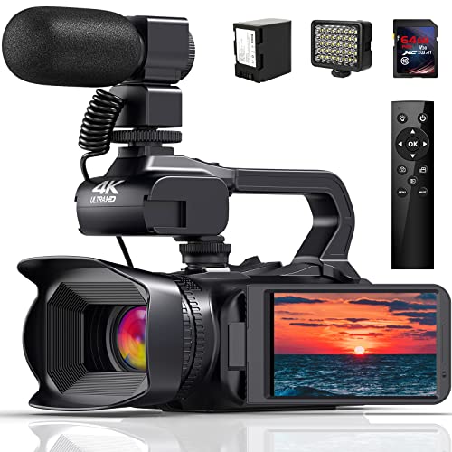 JLANDA Videocámara con cámara de video 4K, 64MP 60FPS 18X Zoom digital Cámara de vlogging con enfoque automático para YouTube, cámara de video HD WiFi con batería de 4500mAh, tarjeta SD, estabilizador, micrófono, control remoto y luz de relleno