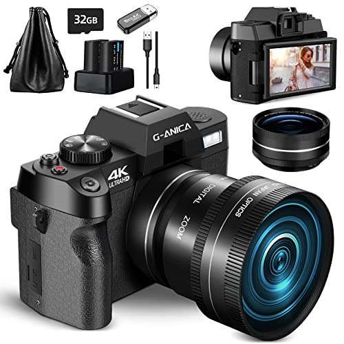 Cámaras digitales G-Anica 4K para fotografía, cámara de video de 48MP / 60FPS para vlogging, WiFi y control de aplicaciones Cámara de vlogging para YouTube, cámara pequeña con tarjeta TF de 32GB. Lente gran angular y macro