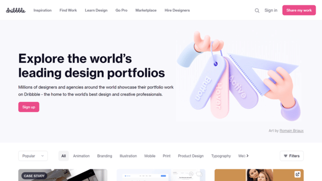 Screenshot del sito web di Dribbble