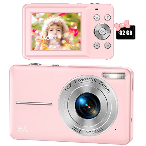 Cámara digital, cámara digital FHD 1080P para niños con tarjeta SD de 32 GB, zoom digital 16X, cámara compacta apuntar y disparar cámaras digitales, mini cámara portátil para adolescentes, estudiantes, niños, niñas, personas mayores (rosa)