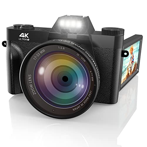 Cámara Vlogging, cámara digital 4K para YouTube con WiFi, zoom digital 16X, pantalla abatible de 180 grados, lente gran angular, lente macro, 2 baterías y tarjeta TF de 32 GB TopA.3