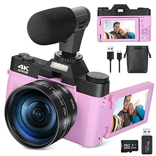 Monitech Cámaras digitales para fotografía, cámara de vlogging de 48MP y 4K para YouTube, cámara de video con lentes gran angular y macro, zoom digital 16X, pantalla abatible, micrófono externo, tarjeta TF de 32GB - rosa