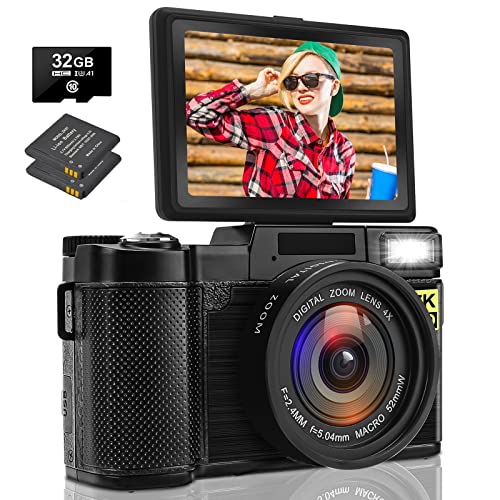 Cámara digital para fotografía FHD 2.7K 30MP Cámara de vlogging para YouTube, cámaras de apuntar y disparar con pantalla abatible de 3 pulgadas de 180 grados, tarjeta TF de 32GB Cámara pequeña portátil para adolescentes Niños Mayores