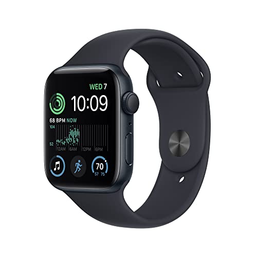 Apple Watch SE (2. Generation) [GPS 44 mm] Smartwatch mit Midnight-Aluminiumgehäuse und Midnight-Sportarmband – S/M. Fitness- und Schlaf-Tracker, Unfallerkennung, Herzfrequenzmesser, Retina-Display, wasserdicht