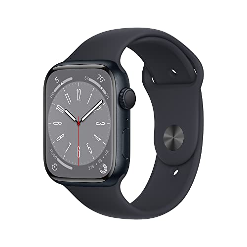 Apple Watch Series 8 [GPS 45 mm] Smartwatch mit Midnight-Aluminiumgehäuse und Midnight-Sportarmband – M/L. Fitness-Tracker, Blutsauerstoff- und EKG-Apps, Always-On-Retina-Display, wasserbeständig