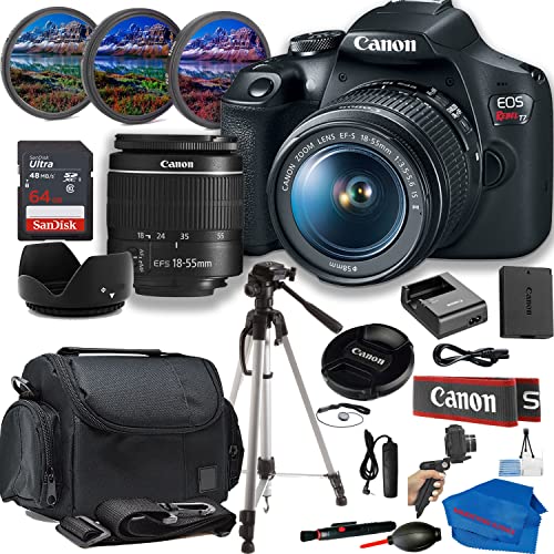 Canon Rebel T7 Bundle: ประกอบด้วยเลนส์ 18-55mm is II, ขาตั้งกล้อง, การ์ดหน่วยความจำ 64GB, กระเป๋าพกพา และชุดฟิลเตอร์ 3 ชิ้นสำหรับภาพถ่ายและวิดีโออันน่าทึ่ง