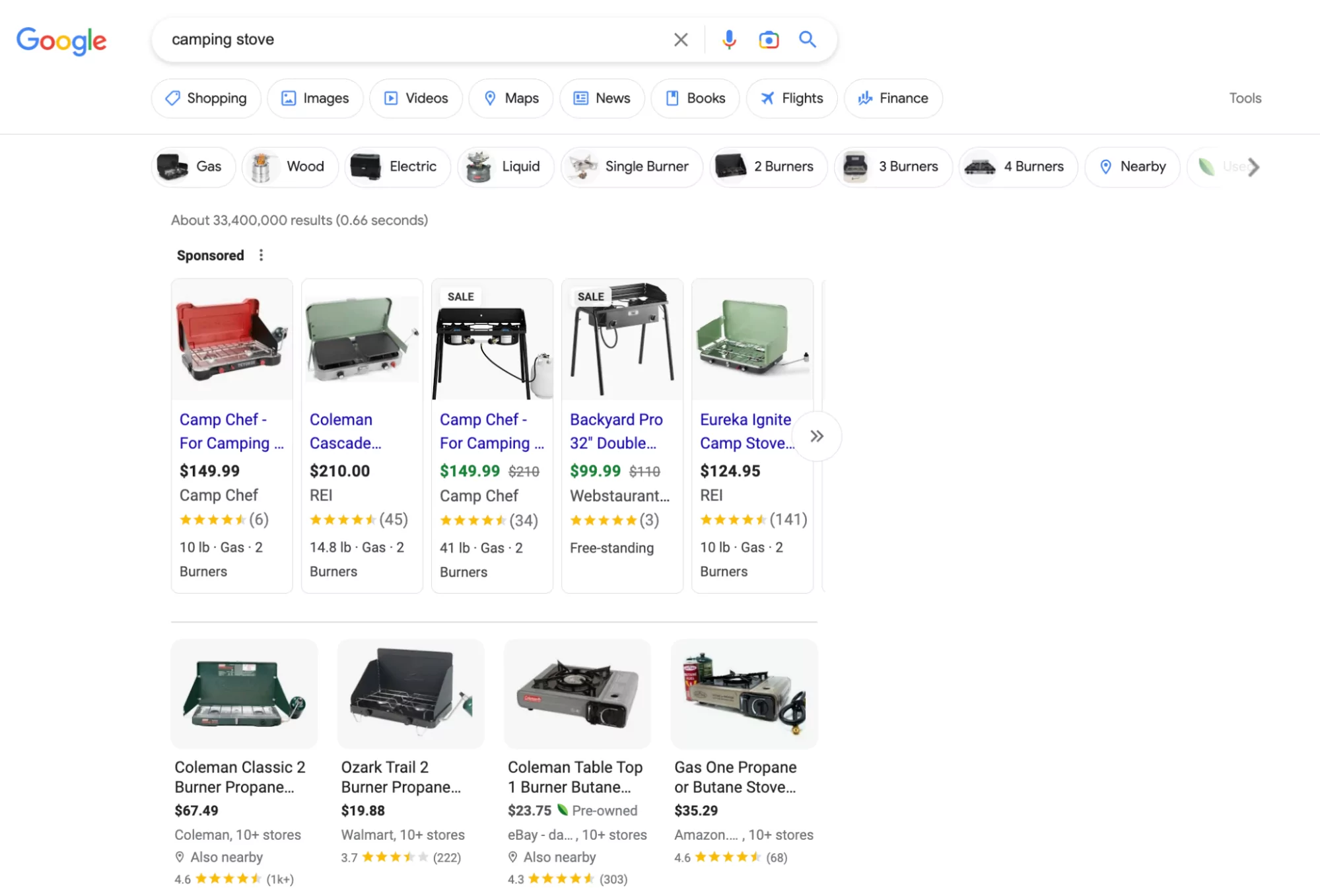 Esempio SERP di Google Shopping per fornelli da campeggiov