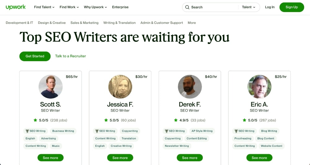 Capture d'écran des rédacteurs SEO Upwork