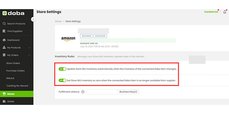 Reglas de inventario en el panel de control de Doba