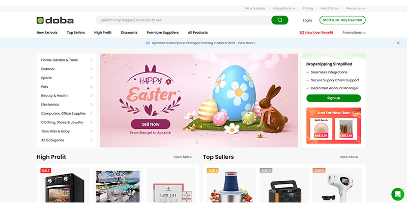 Captura de pantalla de la página de inicio de Doba