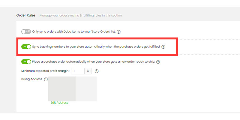 Reglas de pedido en el panel de control de Doba