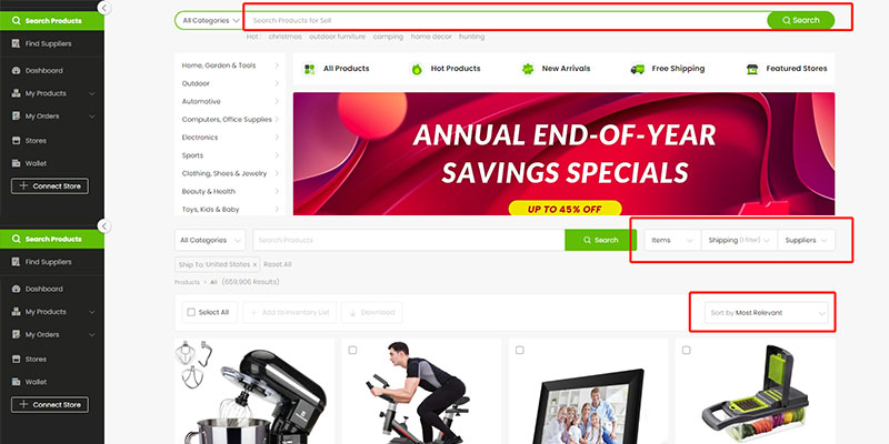 Pestaña Buscar productos en el panel de control de Doba