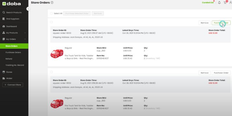 captura de pantalla de la página de pedidos de la tienda doba