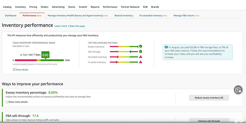 Puntuación IPI en la pestaña Rendimiento de Seller Central