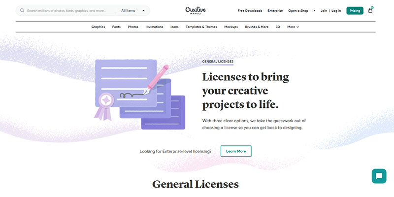Página de licencias generales en Creative Market