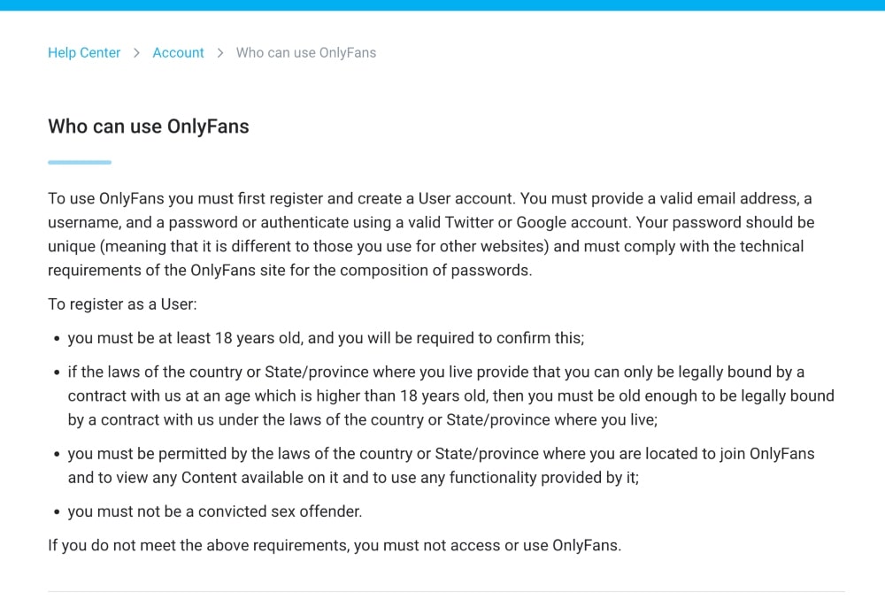 誰可以創建 OnlyFans 帳戶的屏幕截圖