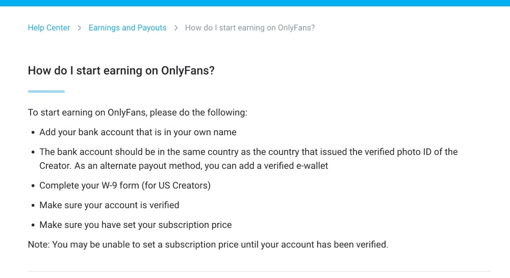 有關如何開始在 OnlyFans 上賺錢的信息的屏幕截圖