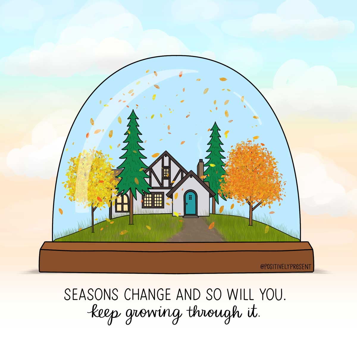 ลูกโลกหิมะที่มีต้นไม้ในฤดูใบไม้ร่วงและใบไม้ร่วงพูดว่า ฤดูกาลเปลี่ยนและคุณก็เช่นกัน เติบโตต่อไป!