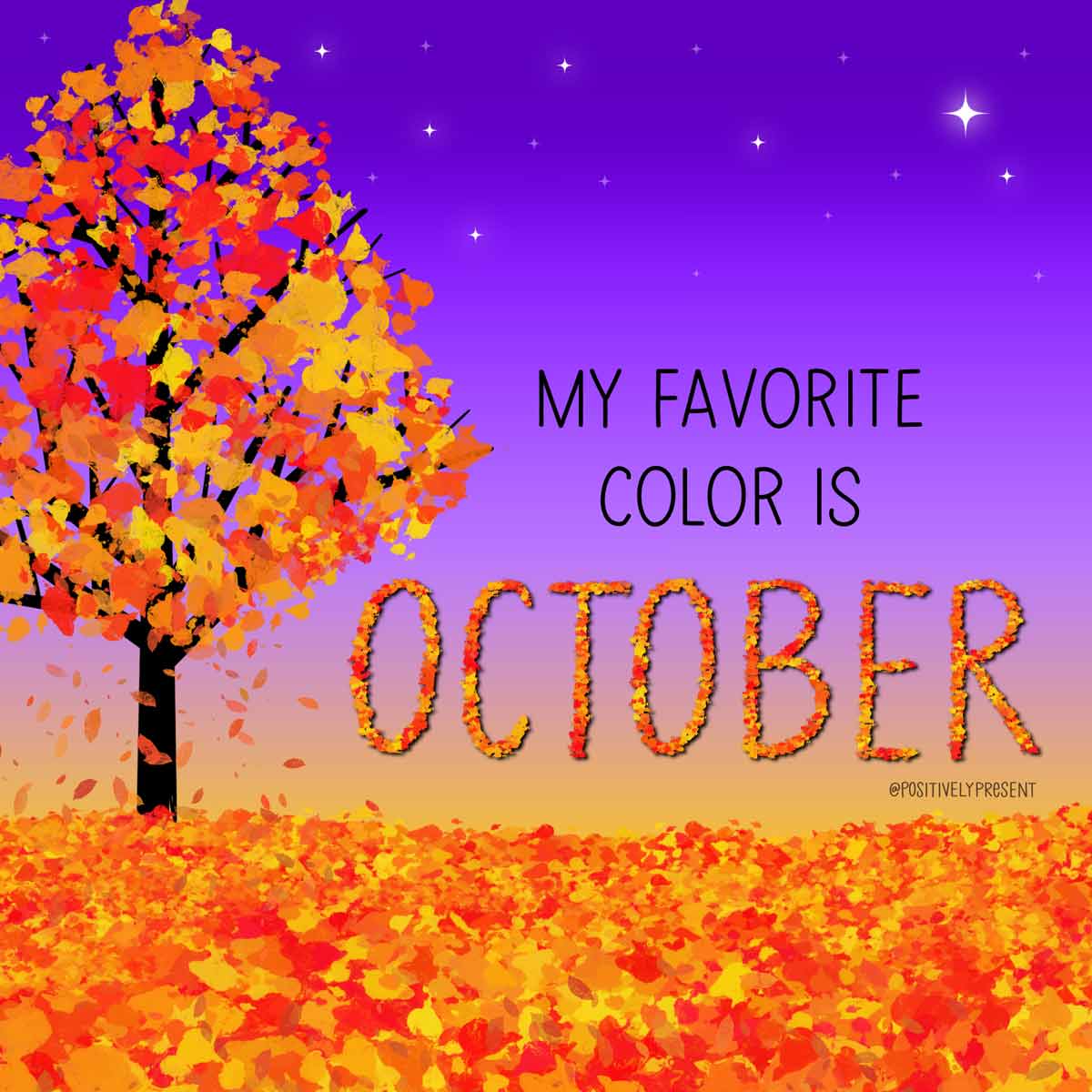 ต้นส้มและใบไม้ตัดกับท้องฟ้าสีม่วง มีคำคมว่า สีโปรดของฉันคือเดือนตุลาคม