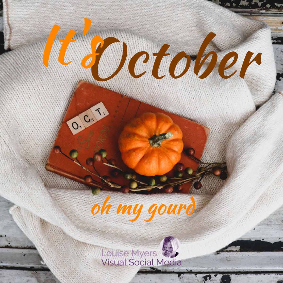 ฟักทองลูกเล็กกับผลเบอร์รี่บนสมุดบันทึกหนังพร้อมคำว่า เดือนตุลาคม โอ้มะระ