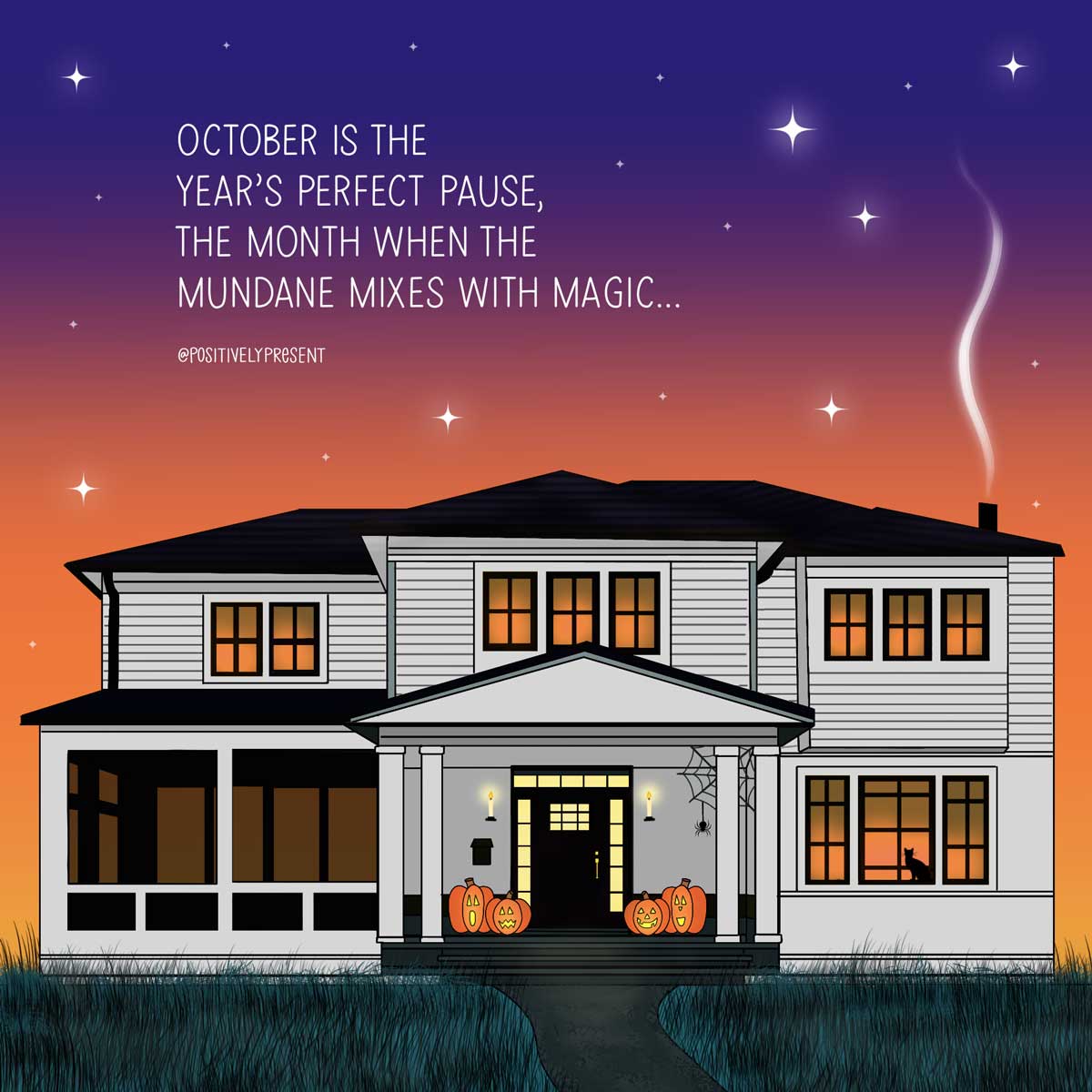 บ้านสีขาวในท้องฟ้าพลบค่ำพร้อมแจ็คโอแลนเทิร์นมีคำพูดเกี่ยวกับโลกีย์และเวทมนตร์