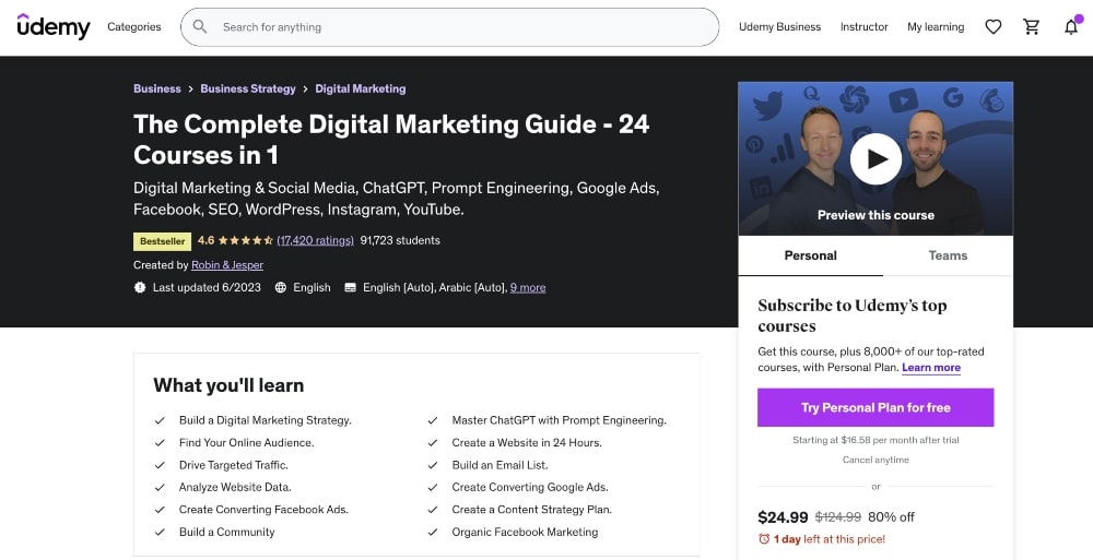 captura de tela da página do curso Guia completo de marketing digital da Udemy