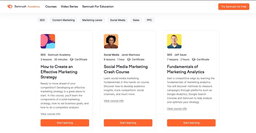 captura de tela do site da Semrush Academy