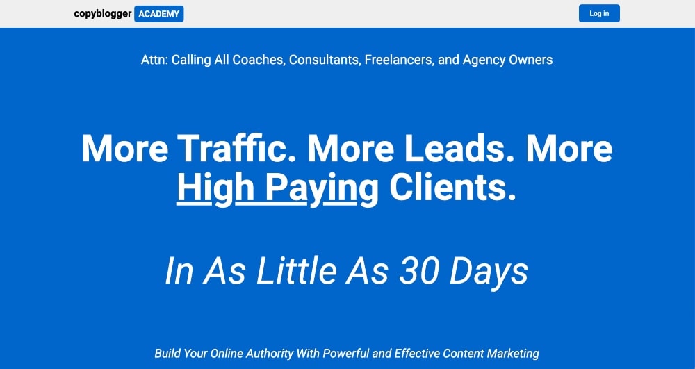 captura de tela da página inicial do curso da Copyblogger Academy