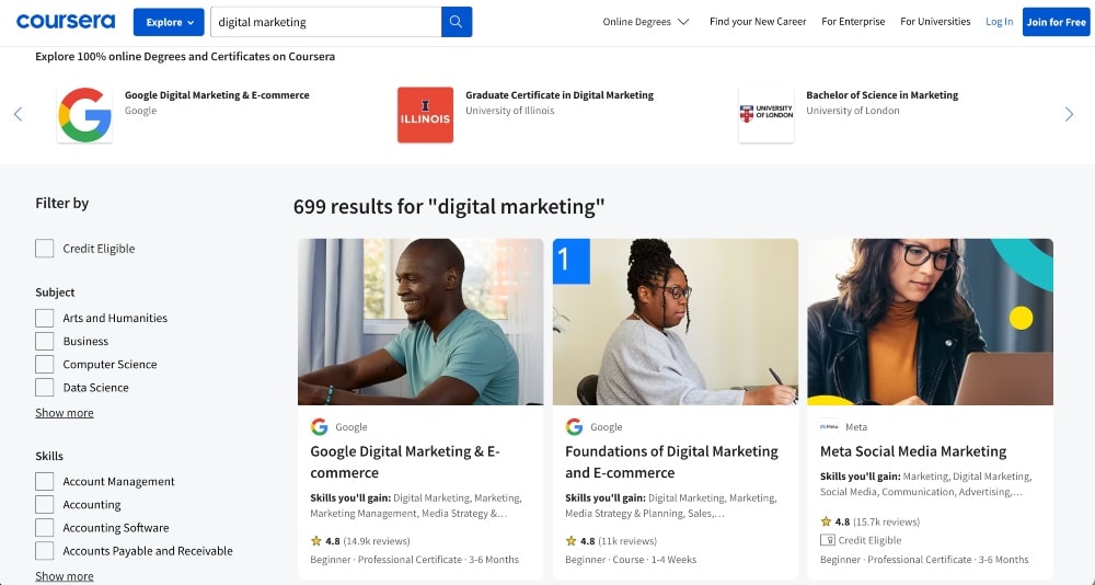 captura de tela dos resultados da pesquisa de cursos de marketing do Coursera