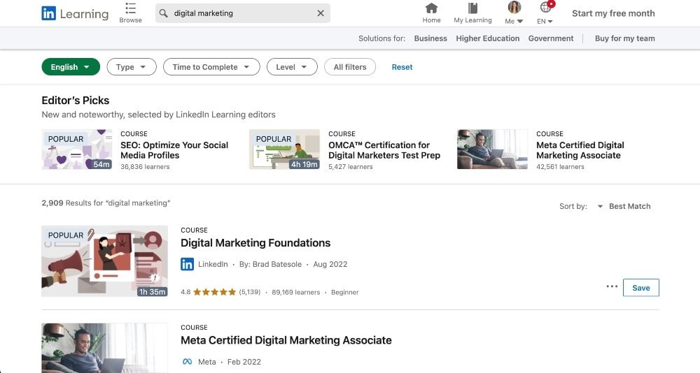 captura de tela dos cursos de marketing digital do LinkedIn Learning