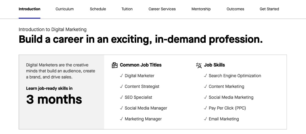captura de tela do site Thinkful Digital Marketing Bootcamp