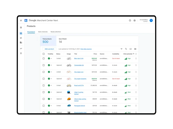 Vista de todos los productos en Google Merchant Center Siguiente