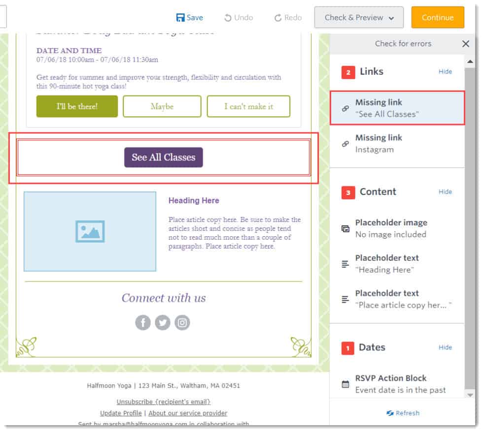 Ejemplo uno de prueba de spam de Constant Contact