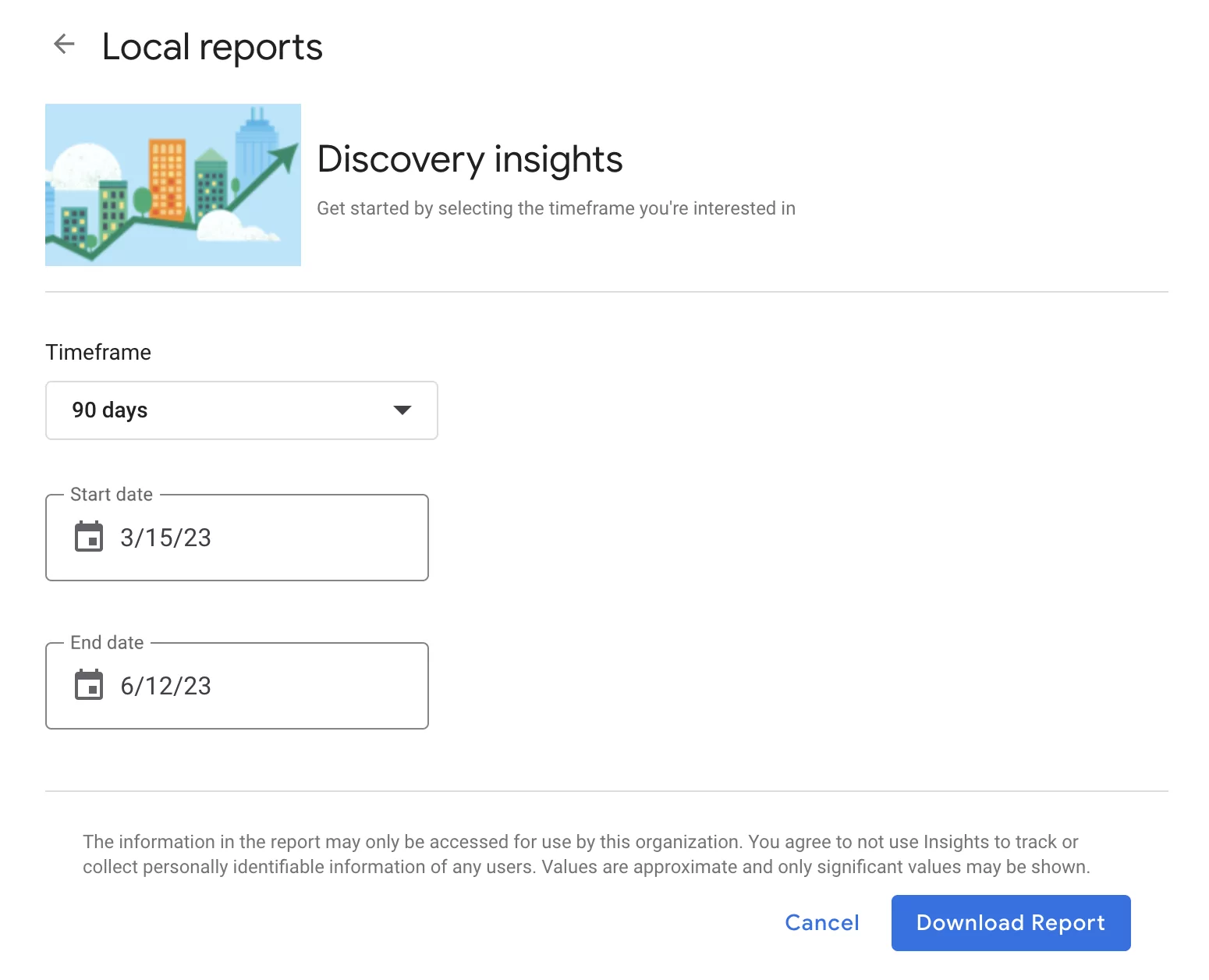 กำหนดช่วงวันที่สำหรับข้อมูลเชิงลึก gmb