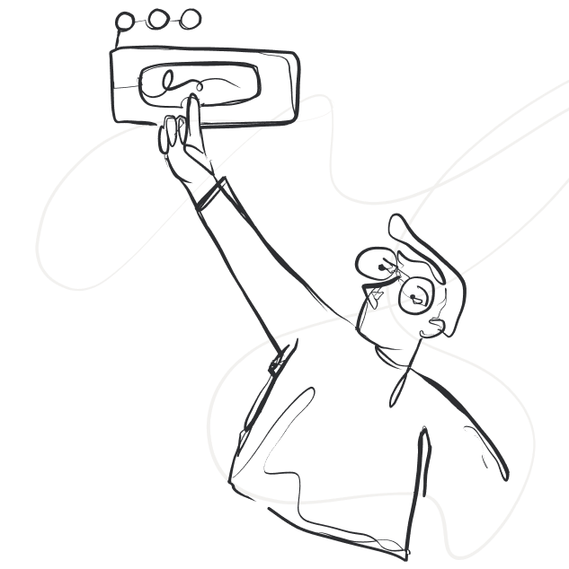 戴著眼鏡的素描男子指向數據圖標