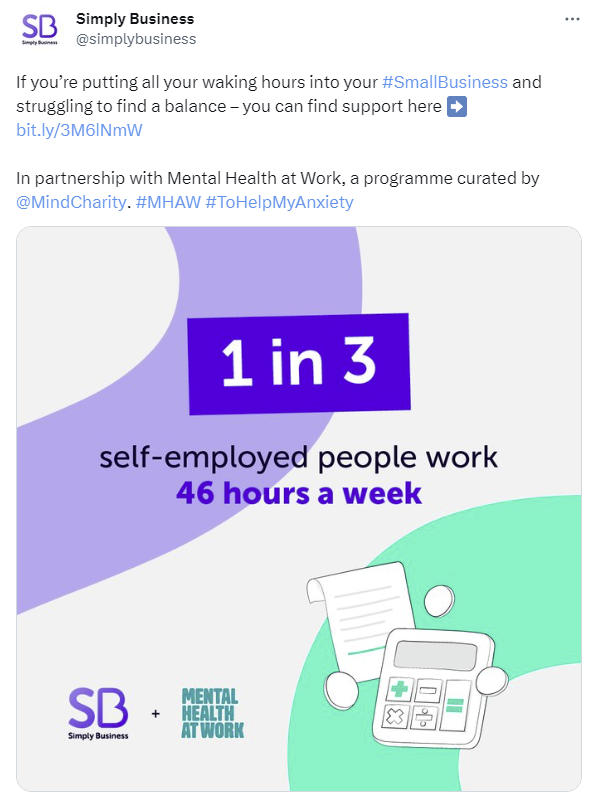 屏幕截圖來自 Simply Business Twitter,促進工作中的心理健康