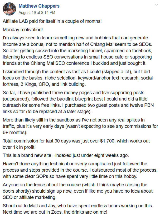 La storia di successo di Affiliate Lab, esempio sette