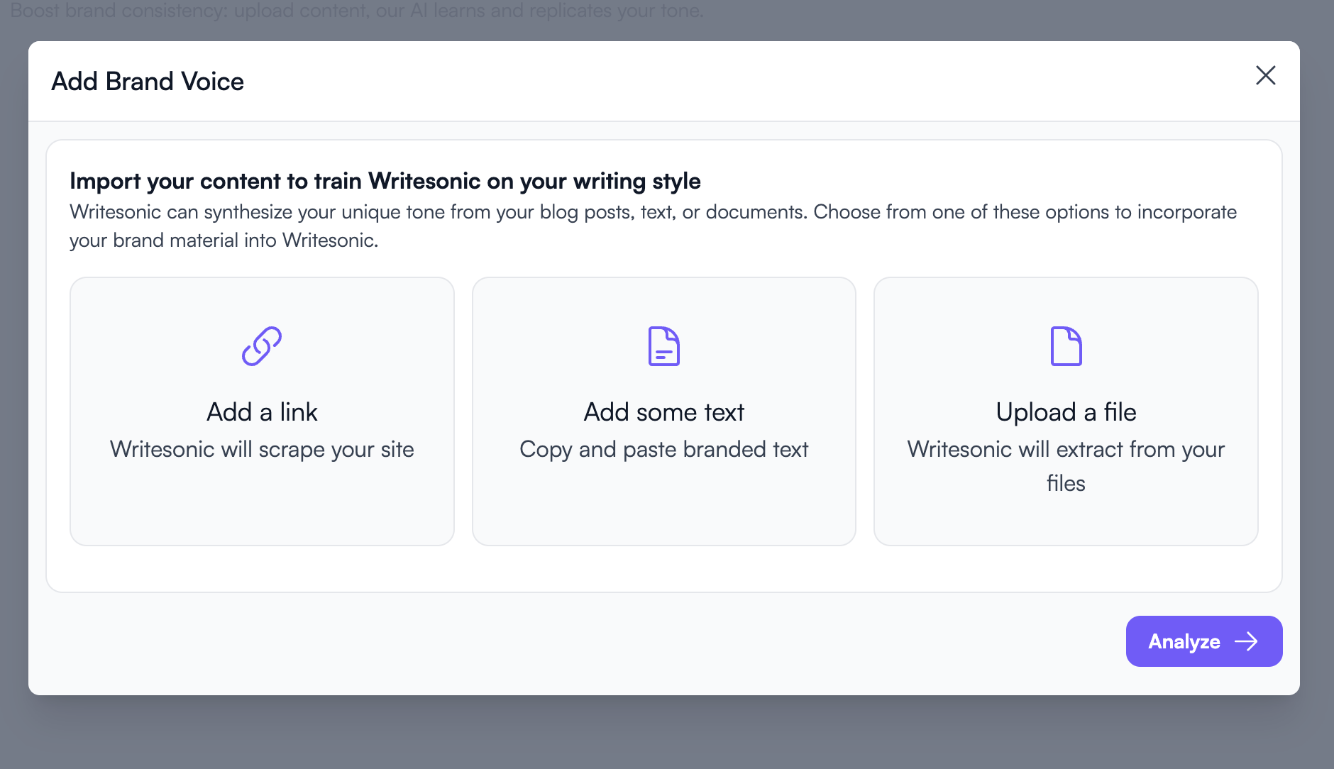 Fonctionnalité de voix de marque Writesonic - Exemples de voix de marque