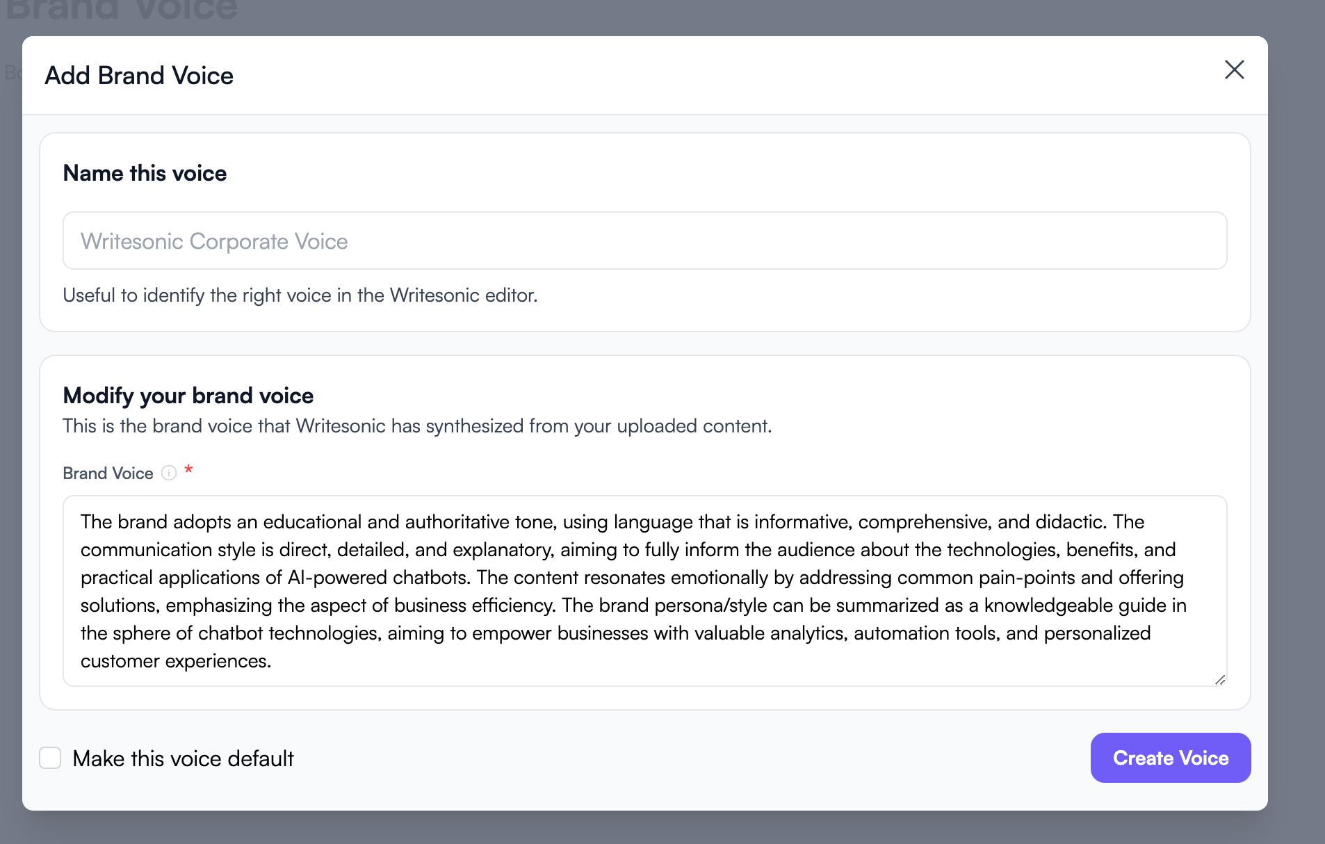Fonctionnalité de voix de marque Writesonic - Exemples de voix de marque