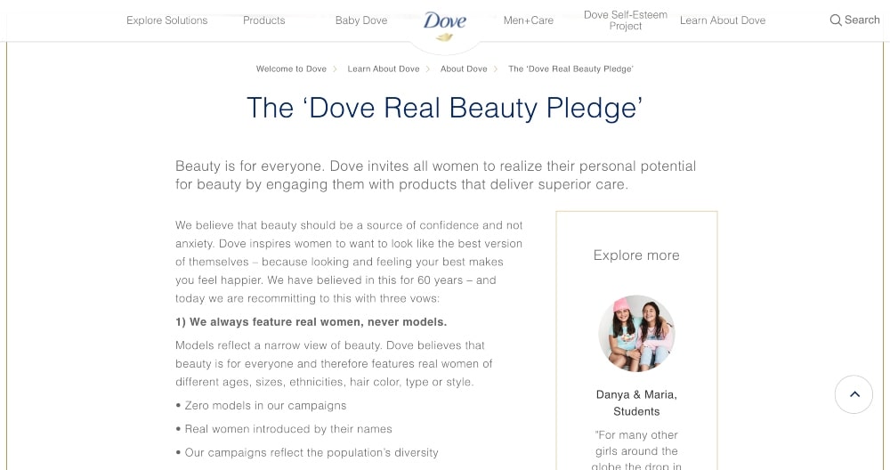screenshot della pagina Real Beauty Pledge di Dove