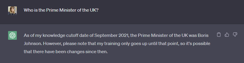 ภาพหน้าจอของ ChatGPT ไม่สามารถตอบคำถาม "ใครคือนายกรัฐมนตรีของสหราชอาณาจักร"