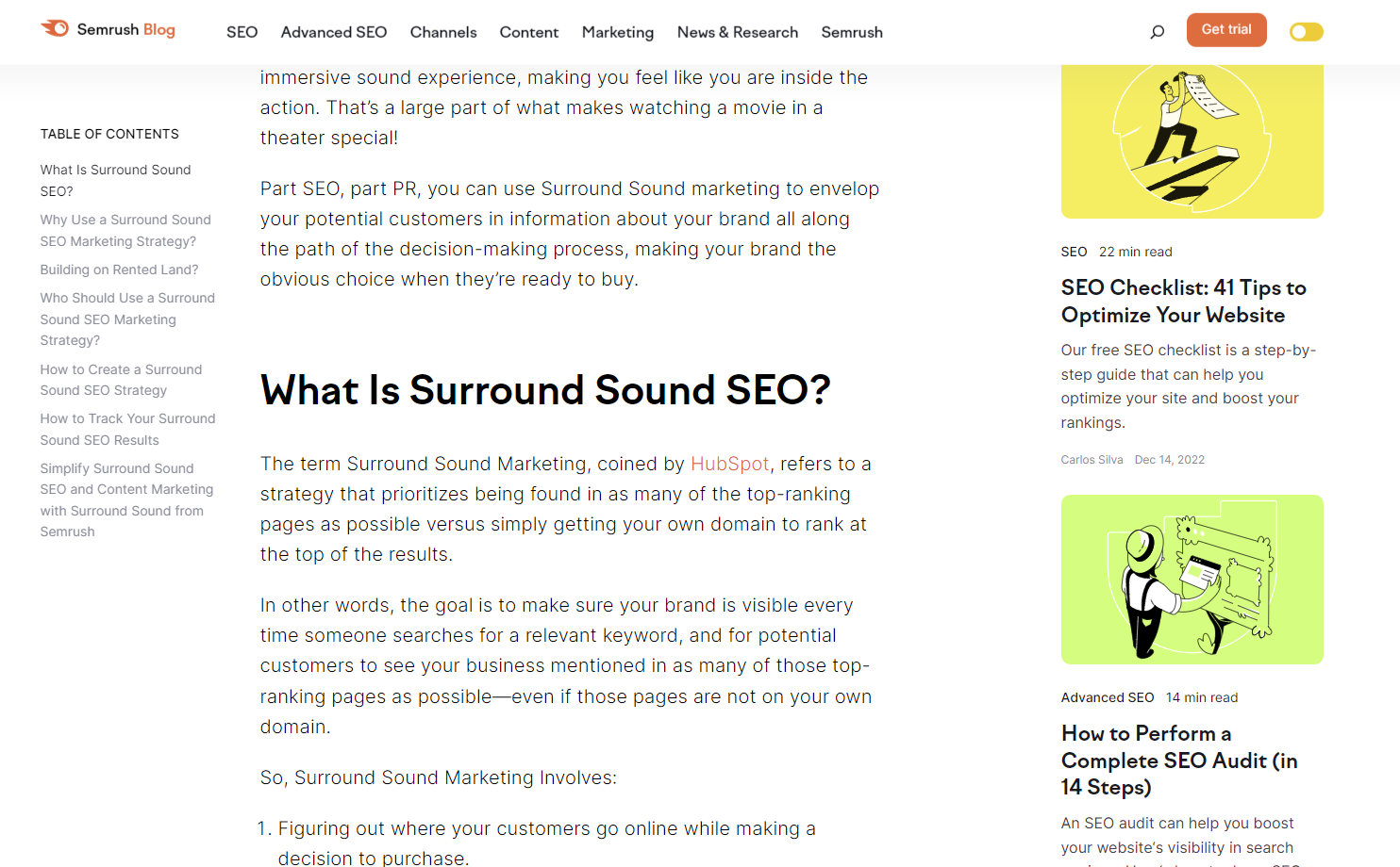 Semrush 有關環繞聲 SEO 的文章的屏幕截圖